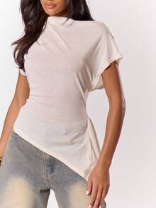 MUSERA Straight Neck Ruched Asymmetric Hem Top Winter NewYear Cute Sexy Going Out Evening Party Accented Valentines Day Spring Summer Holiday - Apricot - View 2