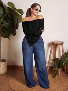 Lupita Cardoza Y2K Grunge 不对称领口生菜边 T 恤 - 黑色 - 查看 4