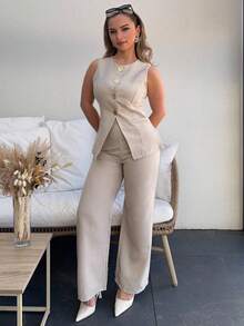 Jeta Ari 女士优雅法式花朵纽扣休闲/通勤两件套 - 杏色 - 查看 5