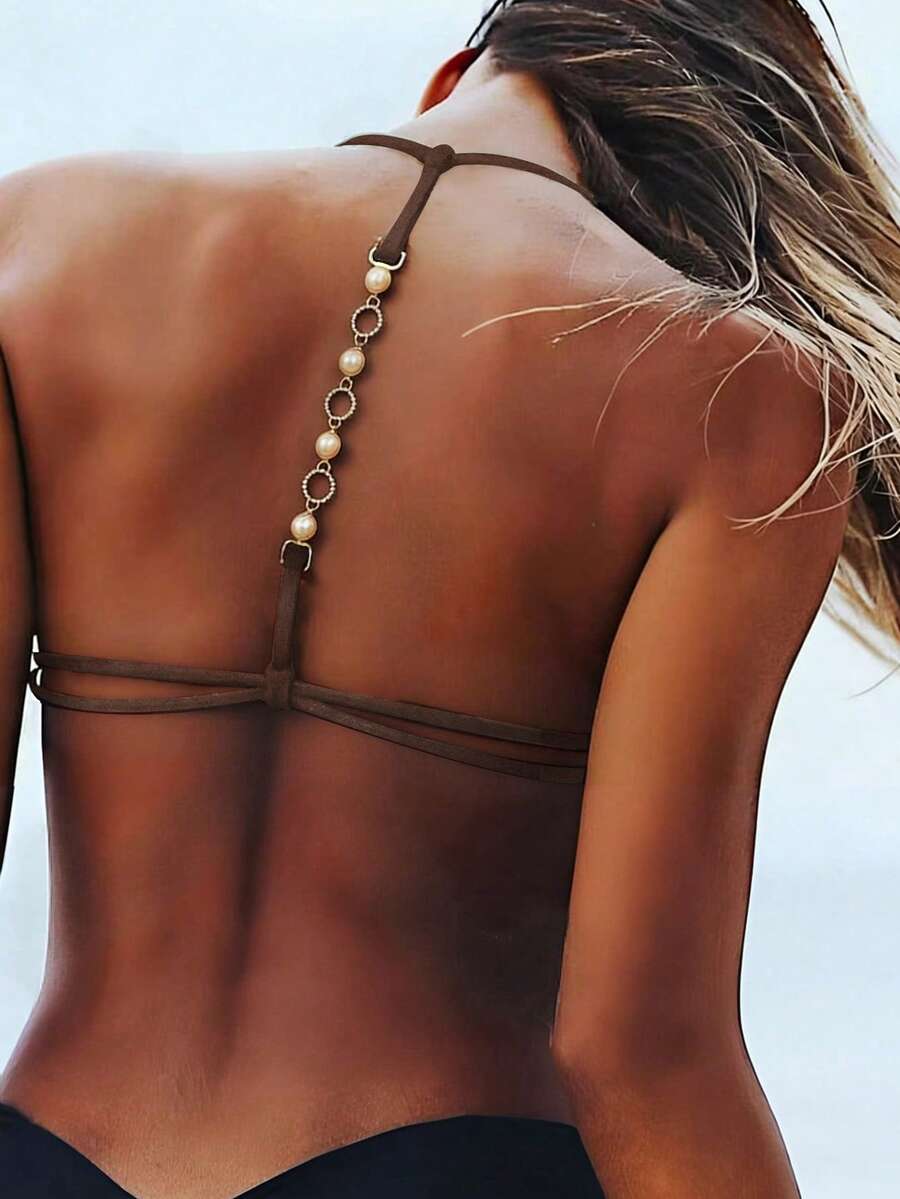 Swim Vcay Women's Summer Beach Solid Color Halter Tie Sexy Bikini Top - Coffee Brown - View 1