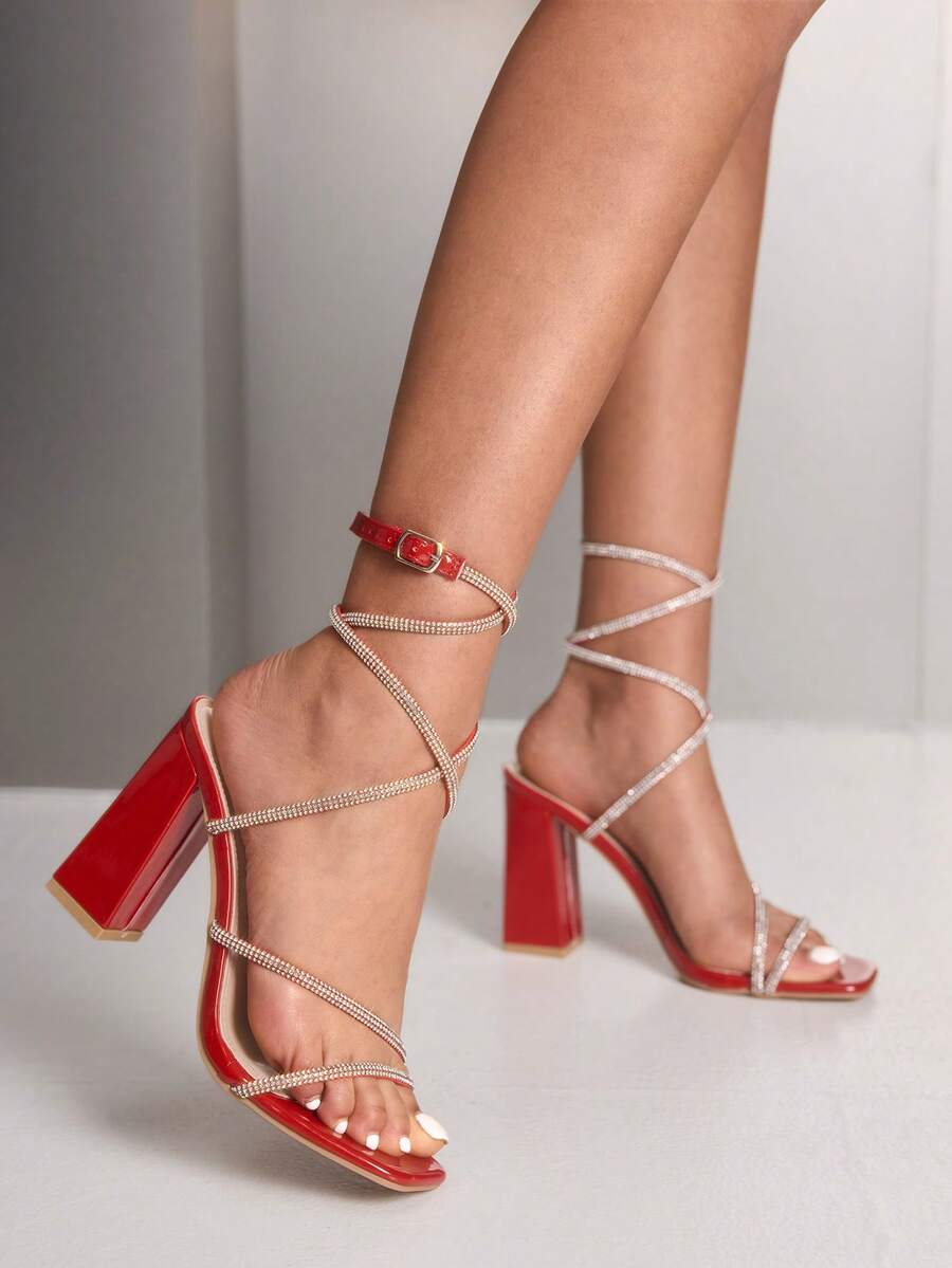 CUCCOO SZL 女士水钻装饰粗跟凉鞋，魅力玻璃绑带凉鞋，适合夏季毕业舞会、度假、返校、大学生、派对、时尚、别致、华丽风格，圣诞节、迪斯科派对、夜生活、秋季、新年、情人节等场合。 - 玫紅1 - 查看 1