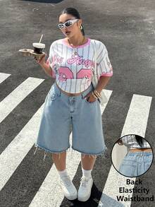 SHEIN Muchic 大码纯色毛边直筒宽松口袋休闲夏季牛仔裤 - 藍色 - 查看 1