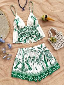 Soleia 女士热带印花吊带背心和短裤两件套休闲度假套装 - 綠色 - 查看 6