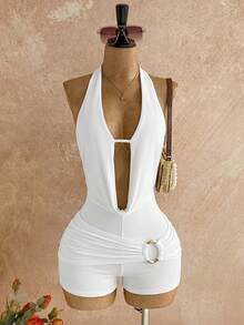 Soleia 新款休闲度假西部海滩婚礼宾客着装，毕业早午餐，圣帕特里克节，春假，复活节，音乐节，优雅波西米亚热带风情露背金属串珠纹理连体裤，女士款 - 白色 - 查看 6