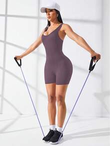 Easithlete Einfarbiger/gerippter Strick/nahtloser Sport-Jumpsuit - Violett - Übersicht 5