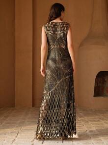 Anewsta Women's New Gold Foil Hollow Sleeveless Dress - Gold - View 2