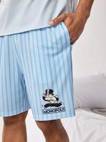 MONOPOLY X SHEIN Men's Round Neck Letter & Cartoon Print Short Sleeve Top And Shorts Casual Loungewear Set - Baby Blue - View 5