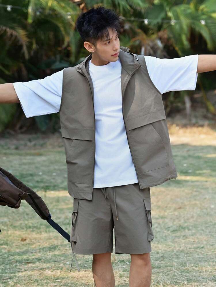 Men's Solid Gray Shorts And T-Shirt Outdoor Casual Set, Summer