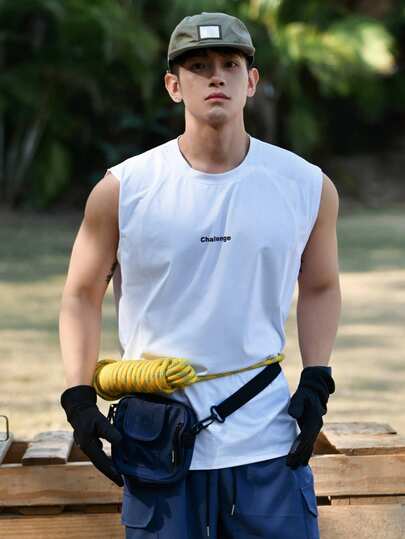 DAZY Men's Letter Print White Round Neck Tank Top, Summer