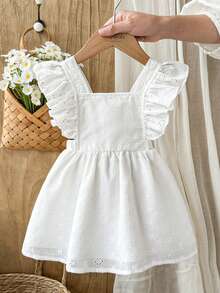 Vintaside Kids Baby Girls' White Cute Summer Flower Girl Sweet Floral Embroidery Ruffle Hem Loose A-Line Dress,Suitable For Birthday Parties,Family Gatherings - White - View 1