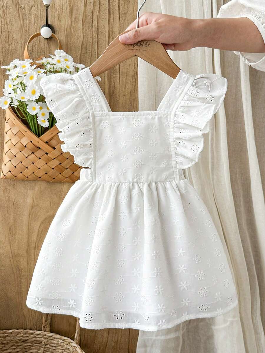 Vintaside Kids Baby Girls' White Cute Summer Flower Girl Sweet Floral Embroidery Ruffle Hem Loose A-Line Dress,Suitable For Birthday Parties,Family Gatherings - White - View 1