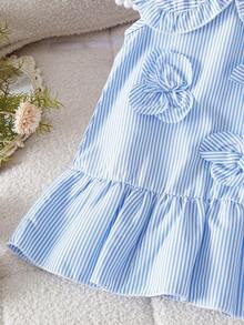 SHEIN 女童夏季连衣裙，可爱女婴连衣裙，彼得潘领，无袖公主裙 - 藍色 - 查看 7