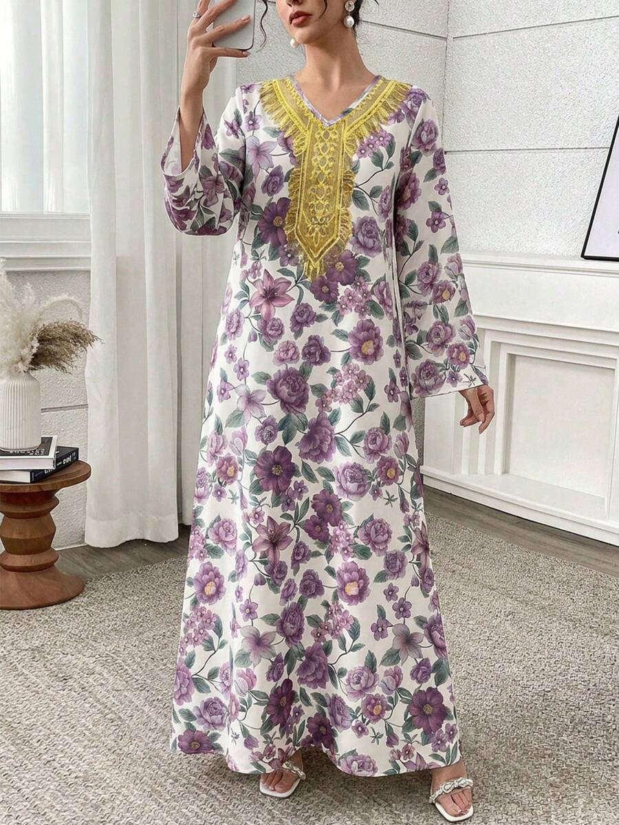 Al Najma Vestido estilo árabe modesto con estampado floral y mangas acampanadas - Multicolor - Ver 1