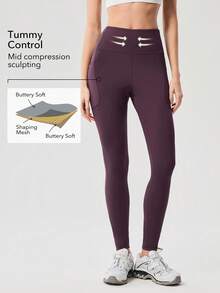 OutZeal 女士户外紧身裤，日常休闲速干收腹高腰带带口袋 - 中紫紅色 - 查看 2