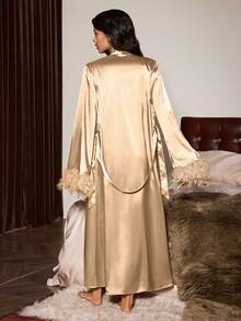 Elegant Women's Nightgown Set, Feather Detailed Soft & Flowing Feather Belt, 2pcs Loungewear & Robe Set,Wedding Bride And Bridesmaid Pajama Sets - Champagne - View 2