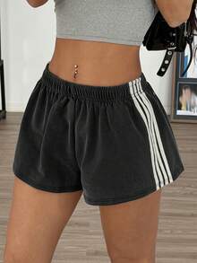 Muchica 女士黑色针织松紧腰宽松休闲阔腿短裤，夏季 - 黑色 - 查看 5