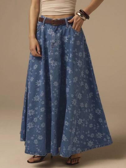 COSMINA Women's Elegant Floral Jacquard Denim Skirt, Versatile For Commuting, Office, And Outings, Suitable For Early Spring