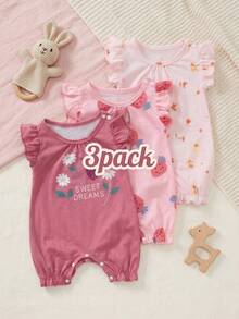 Souflis Souflis 女婴三件套昆虫印花连体衣套装，包括荷叶边短袖上衣、褶皱下摆短裤，舒适可爱的夏季服装 - 彩色 - 查看 7