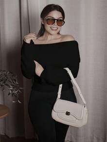 Lupita Cardoza Off Shoulder Foldover Ribbed Knit Sweater,Long Sleeve Tops Knit Pullover Fall Winter Outfit - Black - View 6