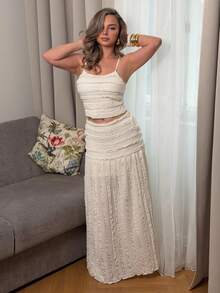 Jeta Ari 女士杏色优雅荷叶边吊带背心和迷你裙两件套，度假装，夏季女装，西式女装，乡村风女装，度假两件套 - 杏色 - 查看 4