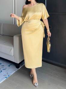 Dazy Plus Đầm maxi dự tiệc cỡ lớn, màu trơn, chất liệu taffeta, tay ngắn, trễ vai, ôm sát, thắt eo, thích hợp cho mùa xuân/hè. - Màu Mù tạt vàng - Xem 6