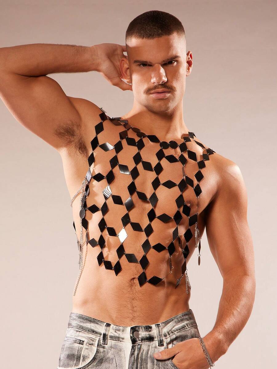 FeverCity 男士亮片性感镂空透视上衣 - 黑色 - 查看 1