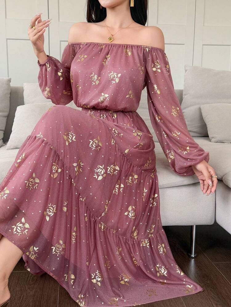 Women's Elegant Floral Off-Shoulder Top And A-Line Skirt 2-Piece Set, Spring/Summer Boho