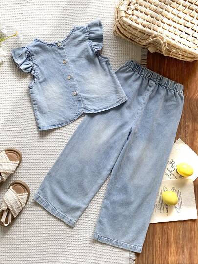 Vintaside Kids Conjunto informal de blusa de mezclilla holgada con mangas con volantes y pantalones de mezclilla de ajuste relajado para niñas jóvenes, cintura elástica, mezclilla de algodón suave y ligera, y versátil para primavera/verano, adecuado para uso diario, salidas, reuniones, nueva llegada 2026