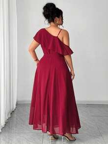 Elenzga Plus Size Women Solid Color Off-Shoulder Ruched Waist Elegant Party Dress - Burgundy - View 2