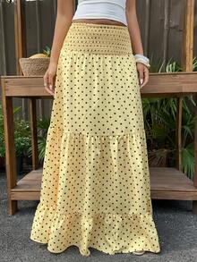 Sunnyshic 黄色波点印花腰带A字荷叶边长裙，适合春夏穿着，休闲百搭，适合度假、海滩、波西米亚风、通勤等场合，甜美可爱，休闲时尚。 - 黃色 - 查看 4