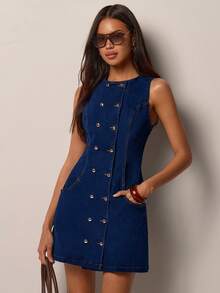 COSMINA Women's Round Neck Double-Breasted Pocket Casual Sleeveless Denim Dress - Navy Blue - View 4