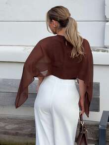 Jeta Ari 女士棕色披肩领休闲上衣，优雅女式衬衫，休闲女装，新年女装，适合日常穿着、外出、通勤，秋冬季款，蝙蝠袖上衣，咖啡棕色上衣，深棕色上衣 - 棕色 - 查看 2