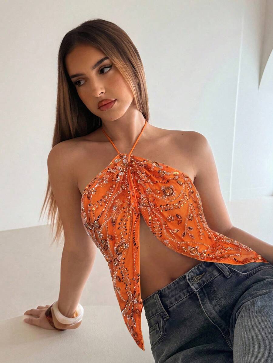 Aloruh Camiseta sin espalda con abertura, bordado floral 3D y flecos en el bajo para mujer, ideal para vacaciones de primavera/verano - Naranja - Ver 1