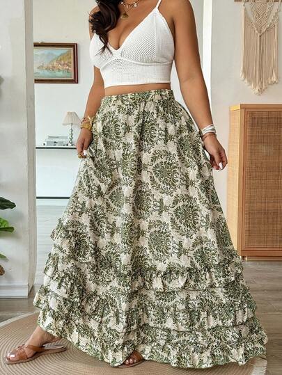 Vionelle Große Größen Frühling/Sommer Rock mit gerüschtem Saum und Allover-Muster