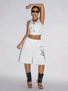 SHEIN ICON Women's Letter Print Elastic Waist Pockets Loose Casual Shorts - White - View 5