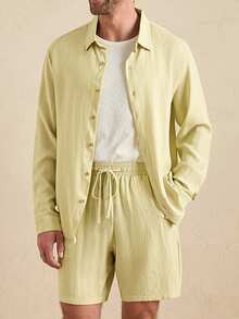 Core Aspect 男士简约休闲纯色前扣长袖衬衫和短裤套装 - 綠色 - 查看 6