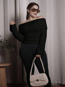 Lupita Cardoza Off Shoulder Foldover Ribbed Knit Sweater,Long Sleeve Tops Knit Pullover Fall Winter Outfit - Black - View 1
