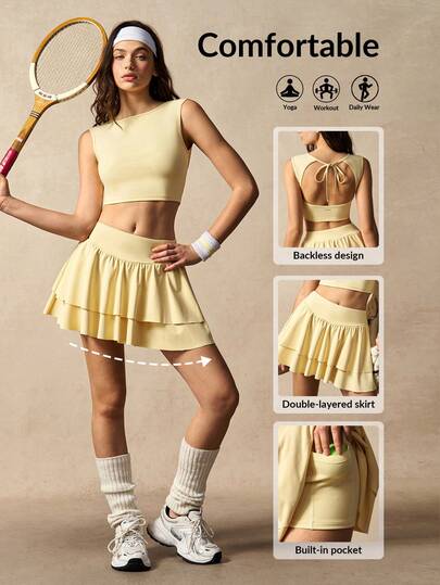 VARSIVA 女士纯色圆领露脐背心和荷叶边下摆短裙运动套装