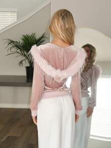 Sydney Algeri Women's Embroidered Velvet Long Sleeve Zip Front Hooded Casual Jacket With Fur Collar, Light Pink Hoodies For Women Zip Up, With - Pink - View 2