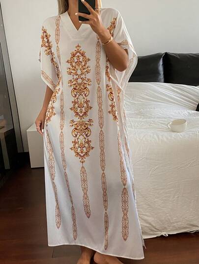 DAZY 碎花图案V领宽松短袖长款睡裙，女士夏季睡衣