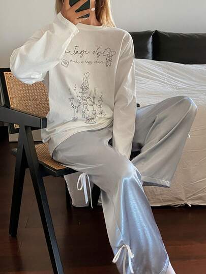 DAZY 熊和字母印花宽松T恤上衣搭配蝴蝶结装饰宽松睡裤女士睡衣套装