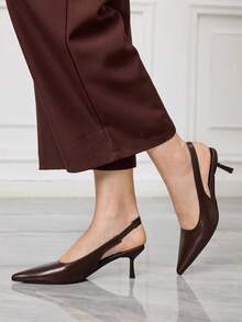 Sleekvia Tacones de aguja de tacón de gatito para mujer, zapatos de trabajo de piel sintética con correa de hebilla, marrón café - Marrón - Ver 2