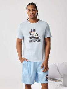 MONOPOLY X SHEIN Men's Round Neck Letter & Cartoon Print Short Sleeve Top And Shorts Casual Loungewear Set - Baby Blue - View 6