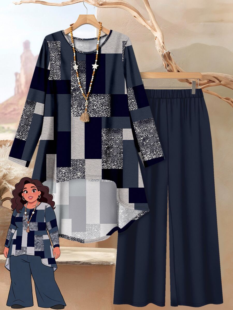 Rusticease 大码女式两件套西装：格子拼色图案印花长袖衬衫和纯色宽松裤，优雅休闲春夏季，两件套夏季服装女式夏季服装，两件套女式秋季服装 - 藏蓝色 - 查看 1