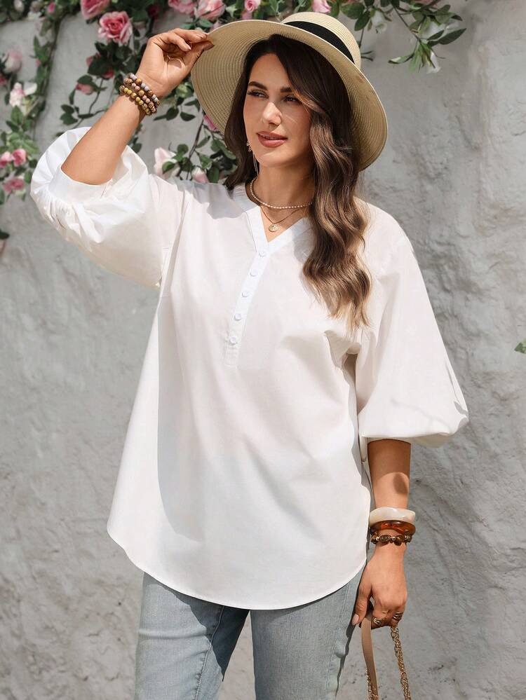 Plus Size Women's Casual Solid Color Keyhole Neck Lantern Sleeve Blouse White Blouse For Women Blouses White Tops For Women Cotton Tops Women Summer Modest Tops Summer Blouses White Blouses For Women Latest Tops For Women New Arrivals Women's Tops For Summer Women's Tops And Blouses Blouse For Women Casual Modern Women's Shirts For Summer Wholesale Clothing