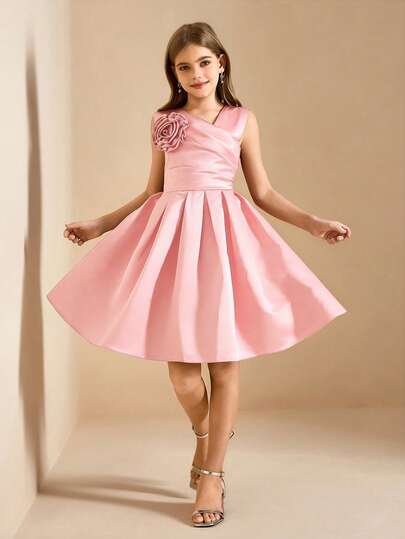 Tween Girl Floral Decor Princess Dress, Flower Girl Christmas Party Piano Recital Performance Dress