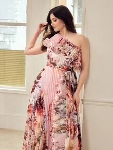 MOTF PREMIUM PLUS SIZE WOMEN'S FLORAL PRINT ASYMMETRICAL NECK PLEATED DRESS, SPRING/SUMMER - Pink - View 4