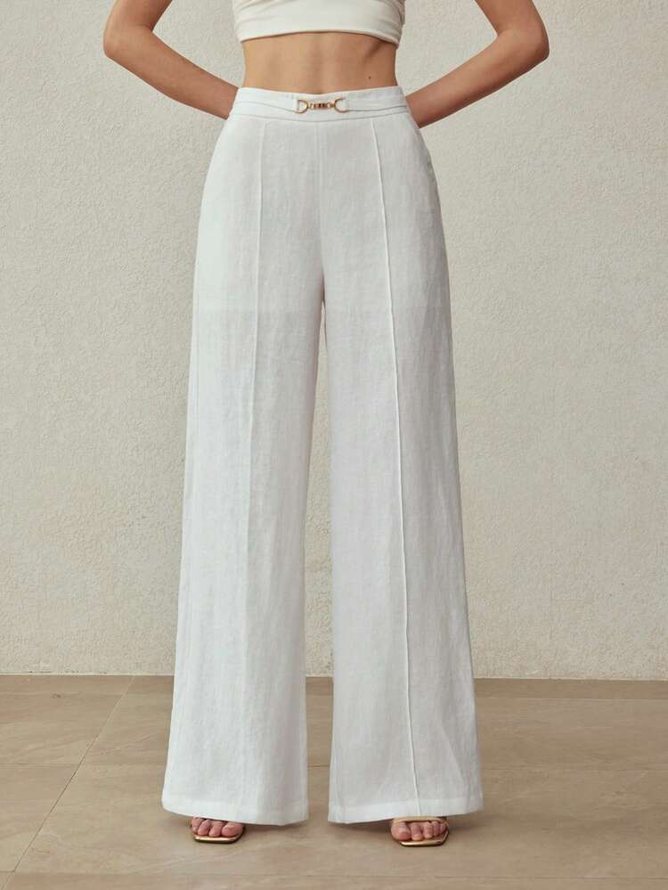 100% LINEN WIDE LEG PANTS WITH METAL BUCKLE WAIST DECORATION, ELEGANT FOR COMMUTING, VINTAGE STYLE, SPRING/SUMMER