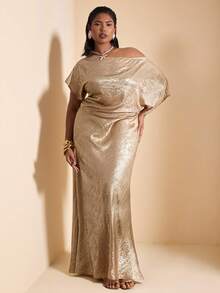 SHEIN BAE Plus Size Autumn/Winter Solid Gold Textured Asymmetric Shoulder Top, Gold Women's Oblique Shoulder Top, Suitable For Nightclub Party, Going Out , Old Money, Work/Office, Business Casual Woman, Office For Women, Valentine's Day - Gold - View 5