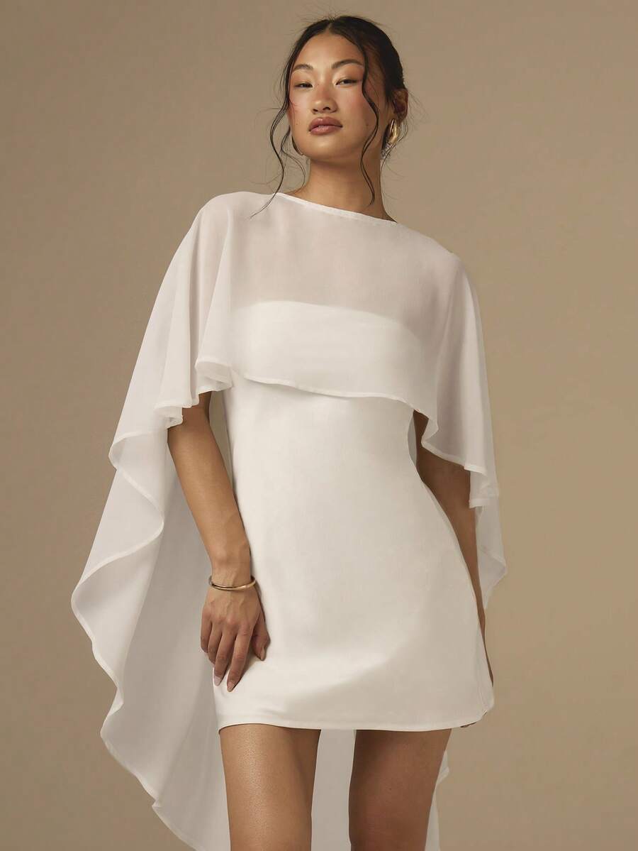 COSMINA 2 piezas/Set Vestido mini de satén con corte sesgo y capa chal para mujer, vestido de cóctel de unicolor para boda, fiesta, evento, vacaciones, blanco - Blanco - Ver 1